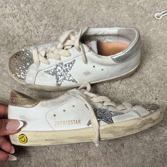 Golden Goose White and Silver Glitter Star Sneakers - Picture 4 of 7